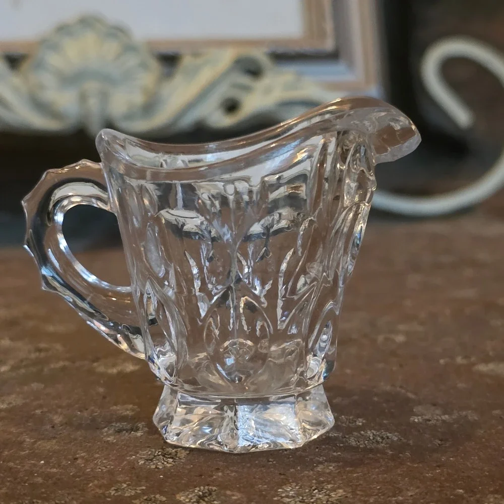 Vintage Miniature Pressed Glass Creamer Pitcher Thumbprint Toothpick Holder 2in